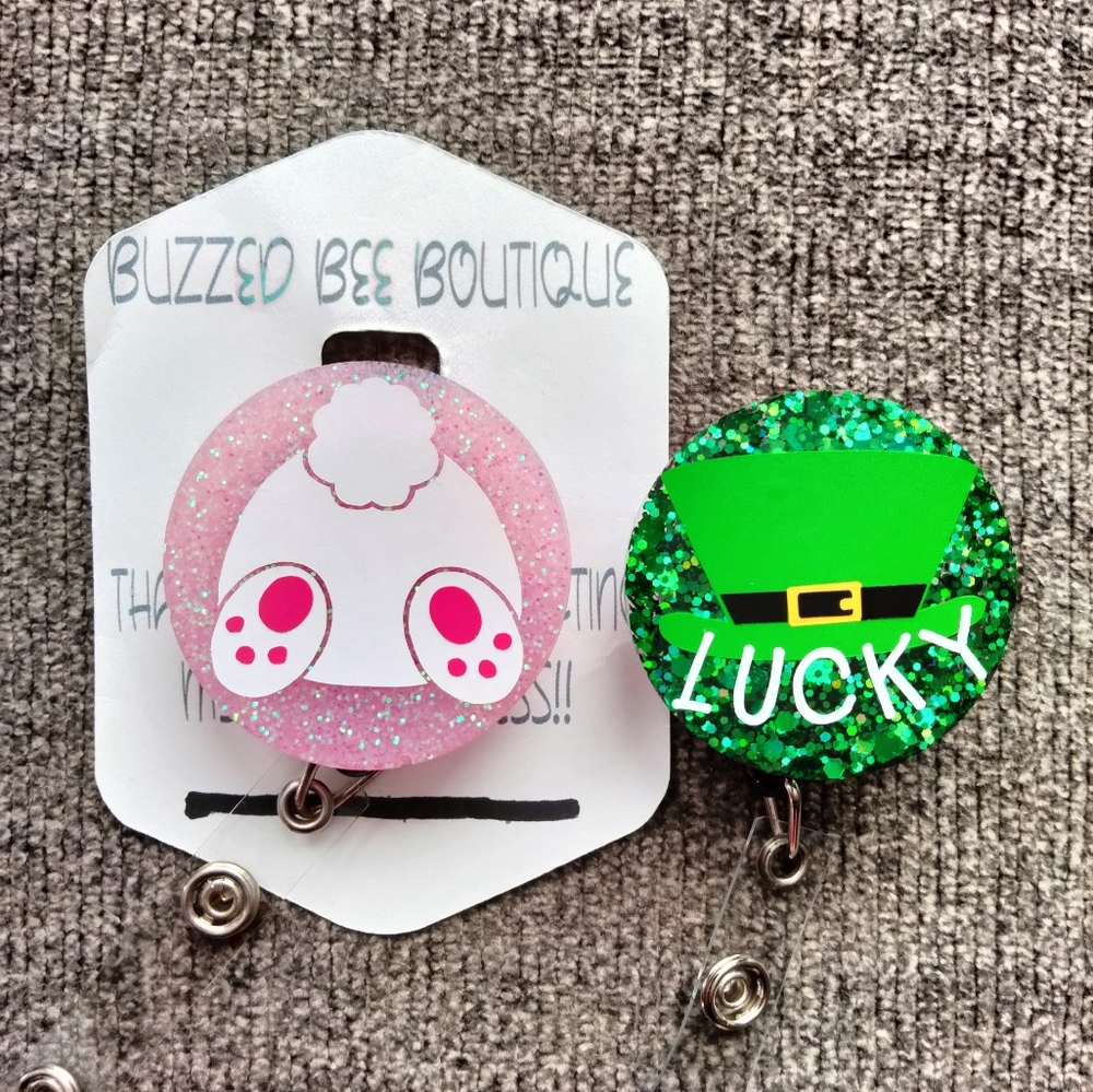 Easter Bunny Bum, Lucky Leprechaun Hat Name Badge Reel ID Holder Set